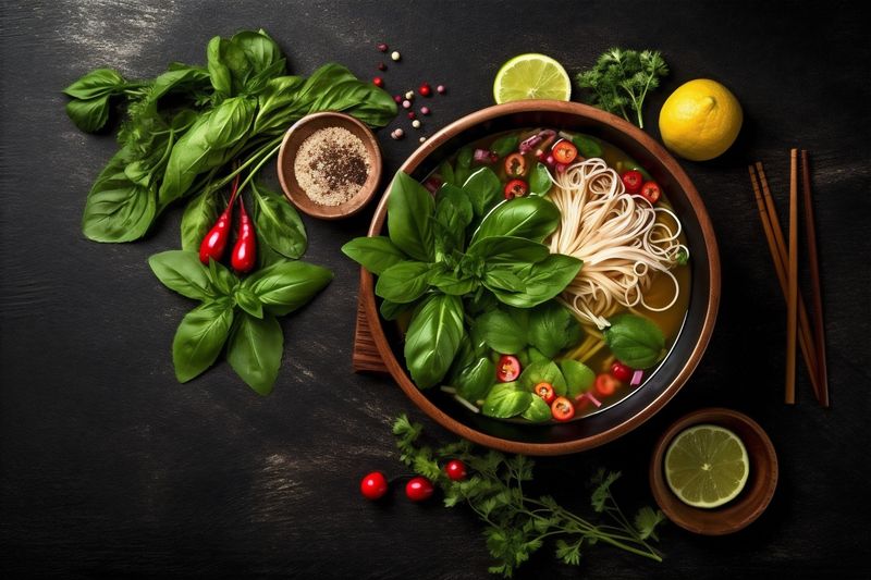 vegetable meal background food asia japanese asian bowl soup noodle hot. Generative AI.