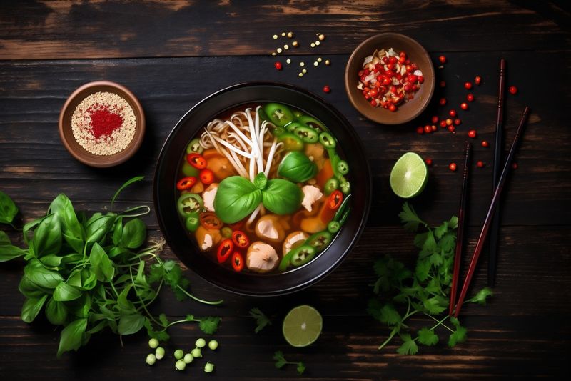 background vegetable soup meal bowl noodle tasty food japanese asian hot. Generative AI.