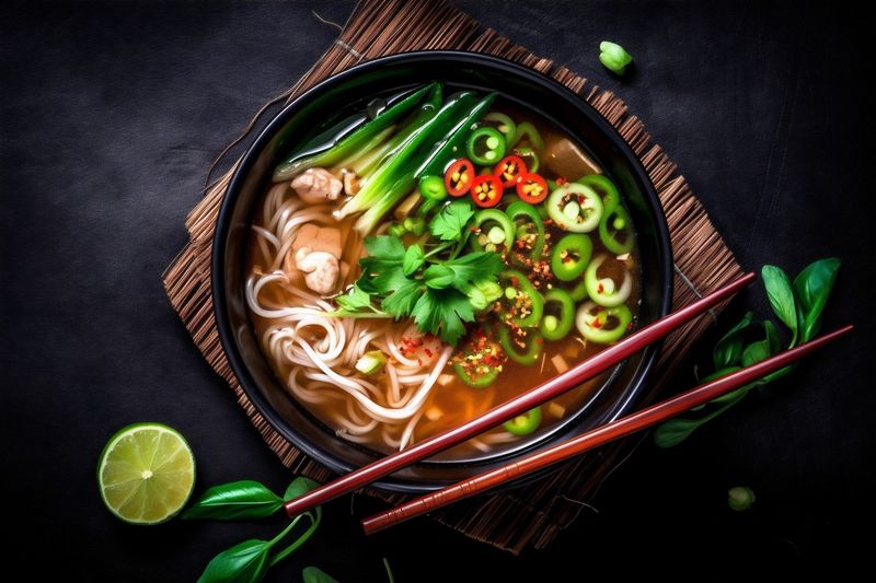 vegetable soup bowl meal dish asian food japanese noodle background hot. Generative AI.
