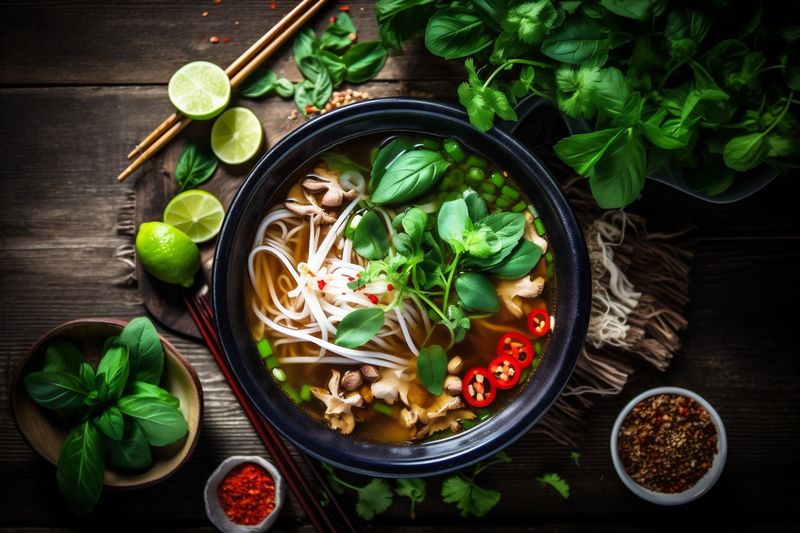 background noodle food bowl meal vegetable soup asian black hot japanese. Generative AI.