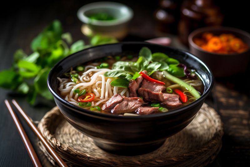 asian noodle thai background bowl meal japanese food soup vegetable hot. Generative AI.