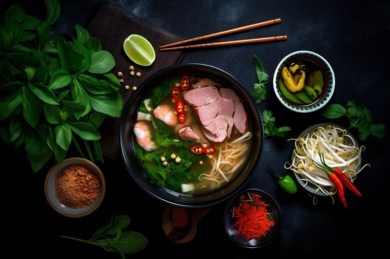 bowl food pho hot noodle japanese background vegetable meal ga asian soup. Generative AI.