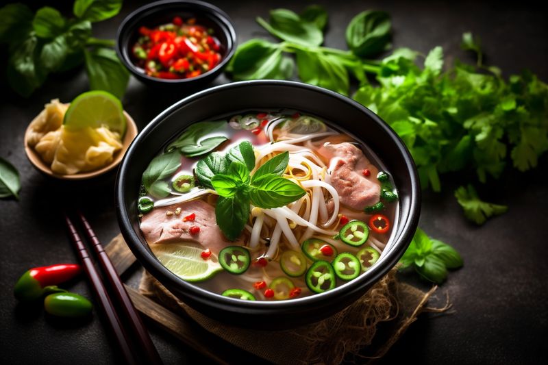 japanese food soup asian background fresh meal vegetable hot noodle bowl. Generative AI.