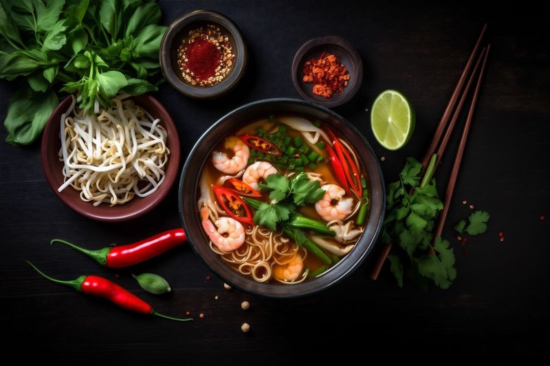 background japanese hot traditional noodle vegetable soup asian food bowl meal. Generative AI.