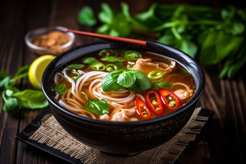 japanese background asian vegetable meal bowl food soup egg hot noodle. Generative AI.