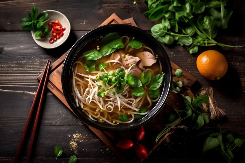 soup vegetable lunch food bowl hot asian japanese meal background noodle. Generative AI.