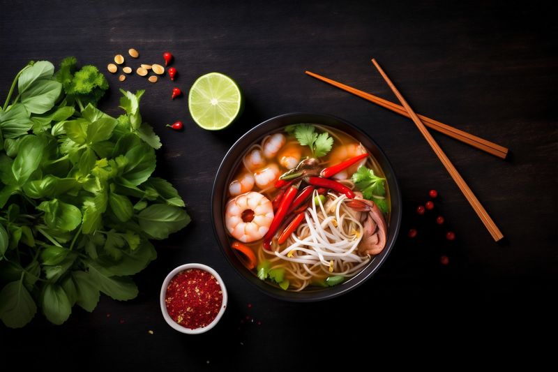 hot meal vegetable asian japanese space soup background noodle bowl food. Generative AI.