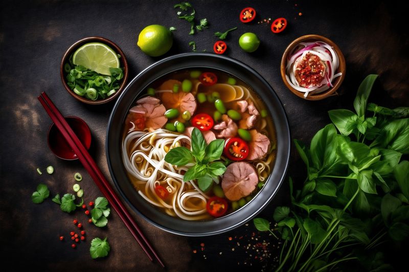vegetable asian food background noodle soup hot japanese meal bowl fresh. Generative AI.