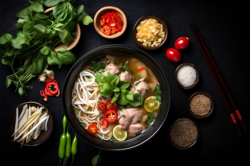 soup japanese food vegetable meal noodle bowl hot asian broth background. Generative AI.