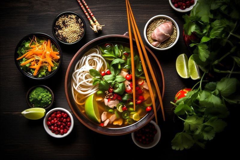 vegetable food meal hot green soup bowl japanese background asian noodle. Generative AI.