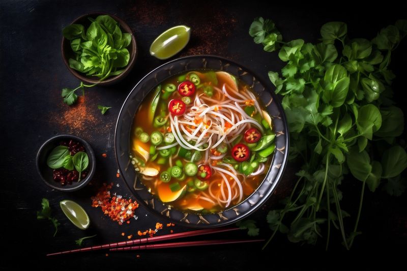 hot bowl asian thai meal vegetable noodle food japanese background soup. Generative AI.