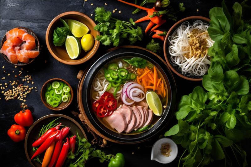 soup meal hot japanese asian white noodle background vegetable food bowl. Generative AI.