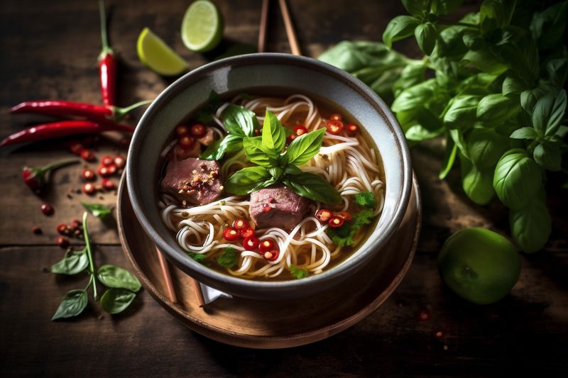 bowl hot asian meal japanese soup lunch vegetable noodle background food. Generative AI.