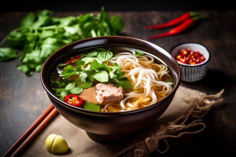 hot bowl chili noodle background soup japanese asian meal food vegetable. Generative AI.