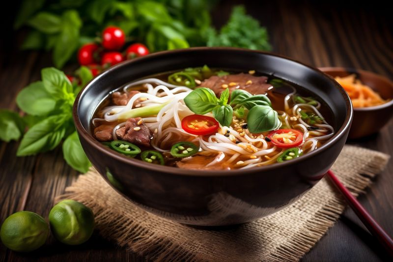 meal asian background vegetable hot noodle japanese food bowl chinese soup. Generative AI.