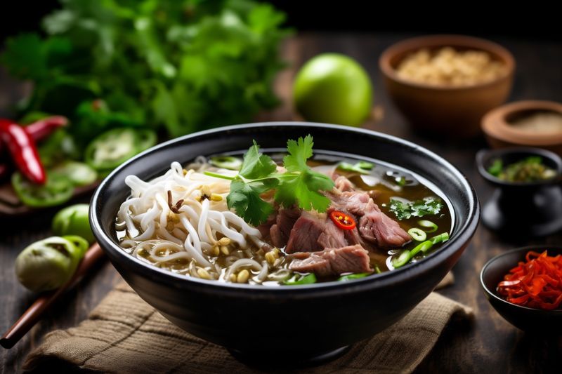 soup meal bowl vegetable background hot asian food japanese fresh noodle. Generative AI.