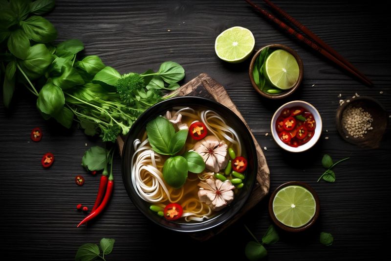 soup food hot noodle vegetable japanese cuisine asian meal background bowl. Generative AI.