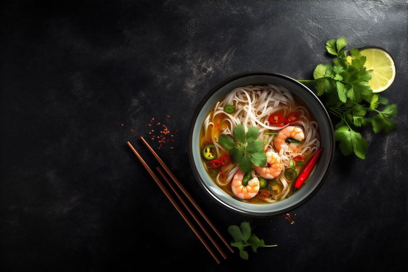 asian japanese food meal noodle bowl background dinner hot vegetable soup. Generative AI.