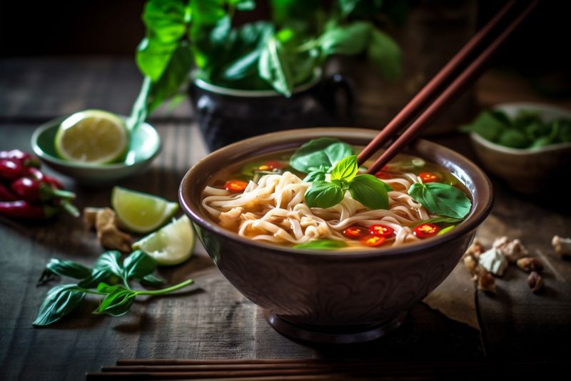 noodle background healthy vegetable food japanese meal bowl asian hot soup. Generative AI.