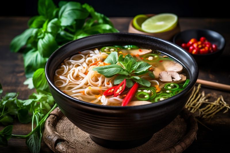 soup meal vegetable food asian hot dish japanese background noodle bowl. Generative AI.