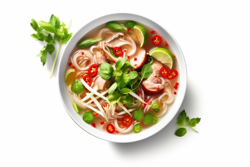 lime bowl dish noodle asian food broth background traditional soup white. Generative AI.