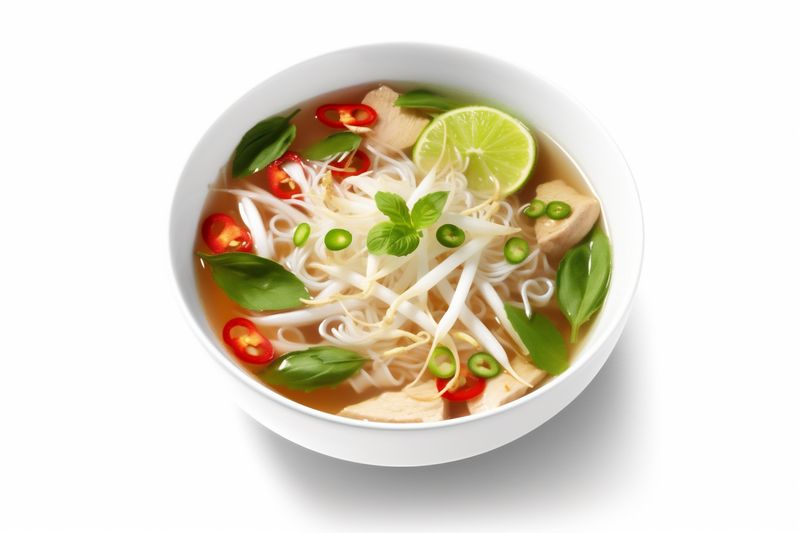 bowl traditional dish broth asian food soup white noodle background rice. Generative AI.