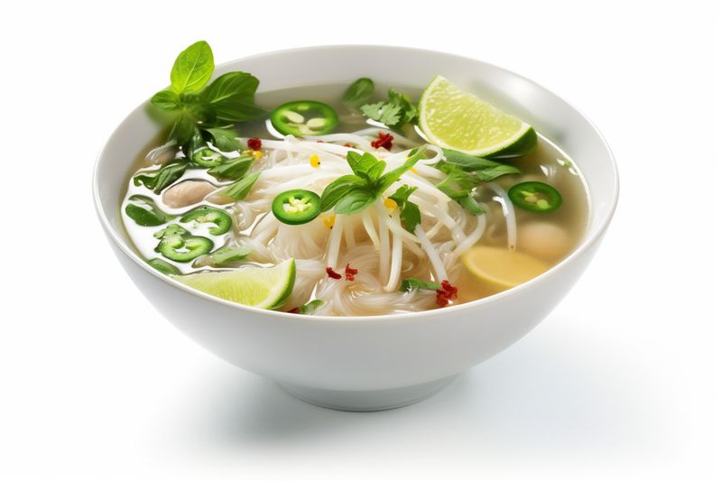 traditional food noodle dish white soup background bowl broth lunch asian. Generative AI.