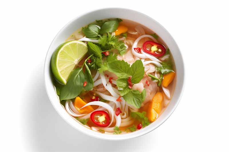 white food bowl background asian noodle soup herb dish traditional broth. Generative AI.