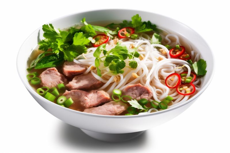 broth food noodle white bowl traditional soup asian dish meal background. Generative AI.