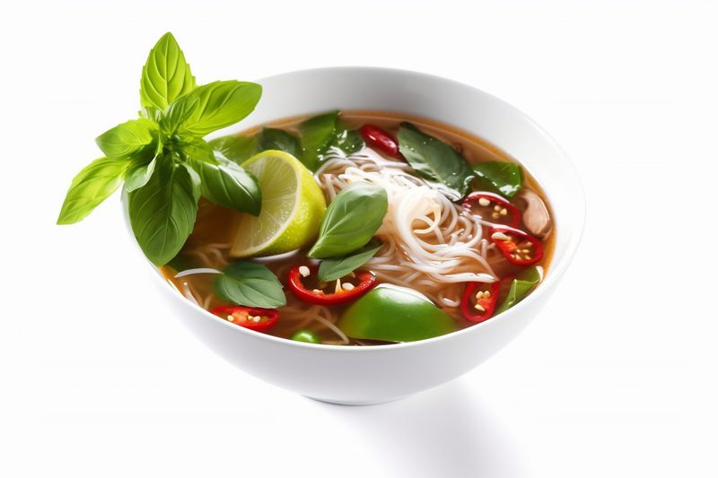 food white noodle soup asian traditional broth tasty dish background bowl. Generative AI.
