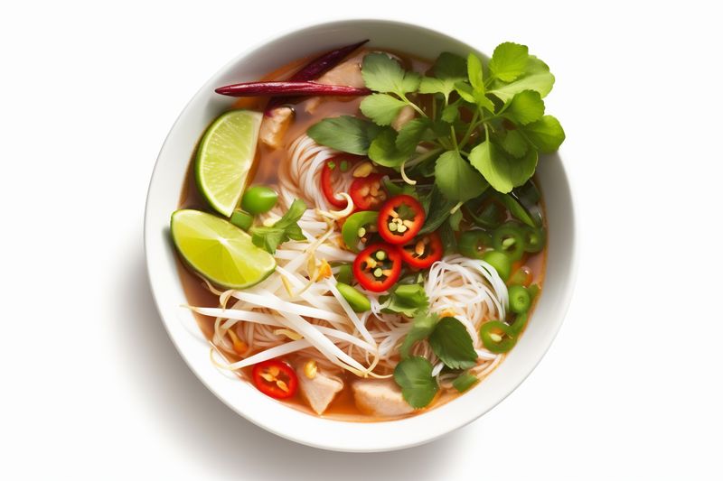 background noodle asian dish soup broth white food bowl rare traditional. Generative AI.