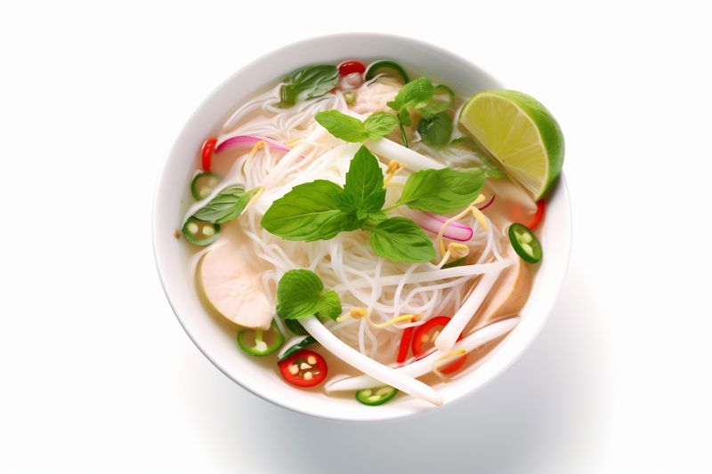 food background white noodle soup bowl korea broth dish traditional asian. Generative AI.