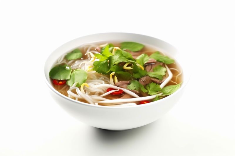 traditional soup noodle background cuisine bowl dish food white asian broth. Generative AI.