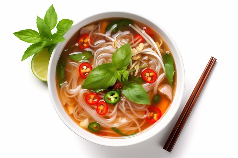 healthy dish noodle asian broth bowl background soup traditional food white. Generative AI.