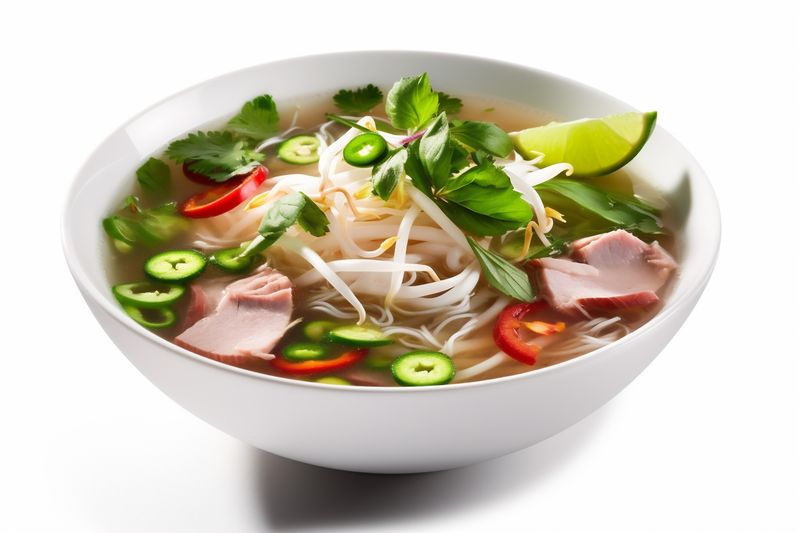 dish white background asian herb traditional soup food noodle broth bowl. Generative AI.
