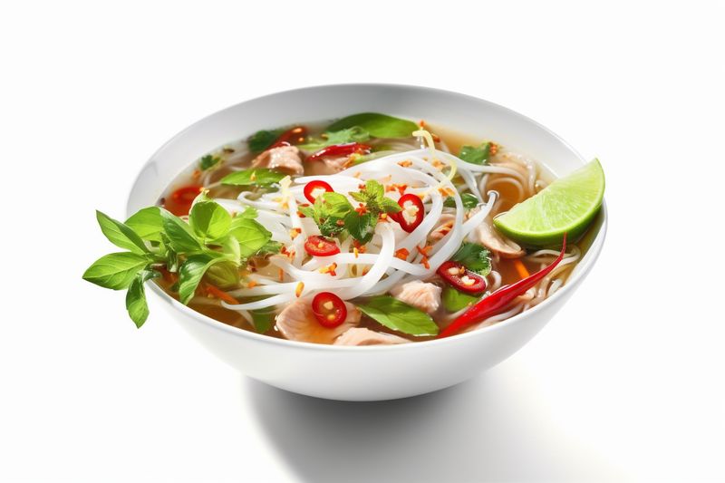 traditional soup asian bowl noodle dish broth background onion food white. Generative AI.