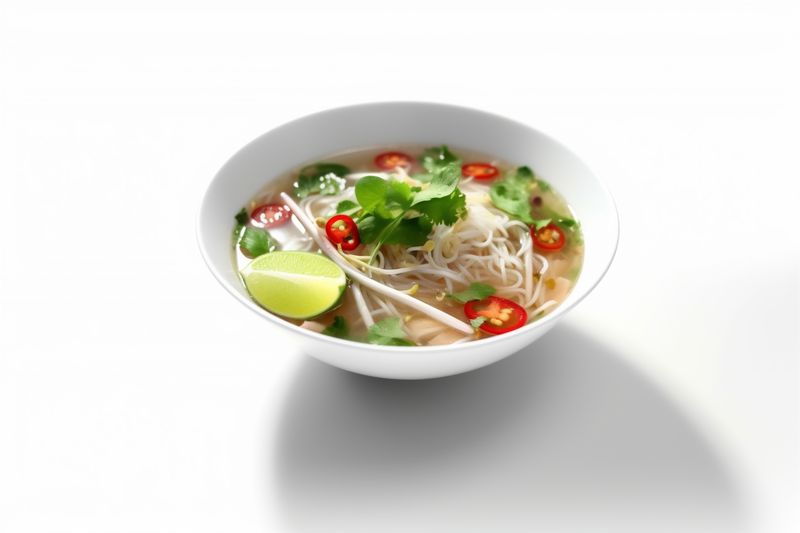 broth noodle food dish bowl traditional soup white asian dinner background. Generative AI.