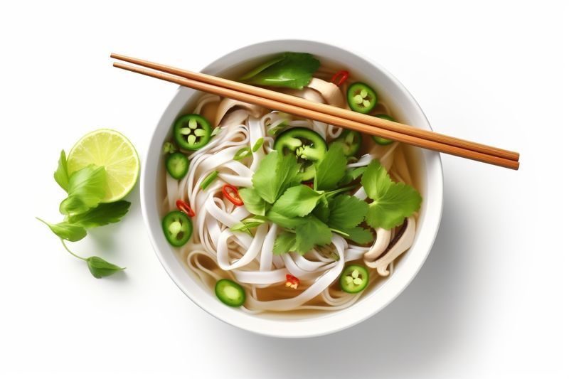 asian rare dish white broth food soup background bowl traditional noodle. Generative AI.