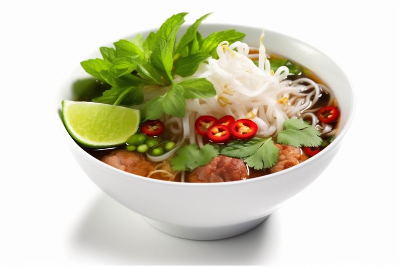 bowl traditional dish soup white broth noodle food onion background asian. Generative AI.