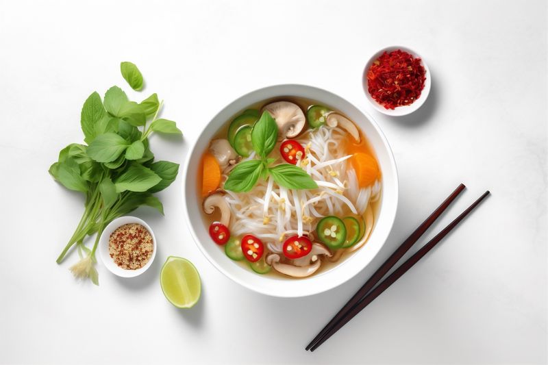 food soup background asian dish white bowl traditional noodle healthy broth. Generative AI.