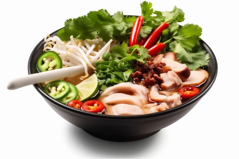 noodle bowl food space white dish background asian copy soup traditional broth. Generative AI.
