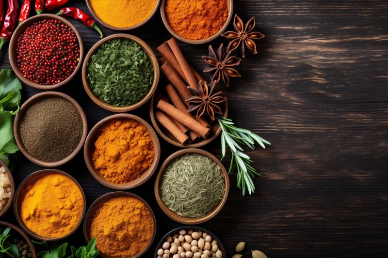 background aroma ingredient herb cooking powder dry seasoning indian food spice. Generative AI.