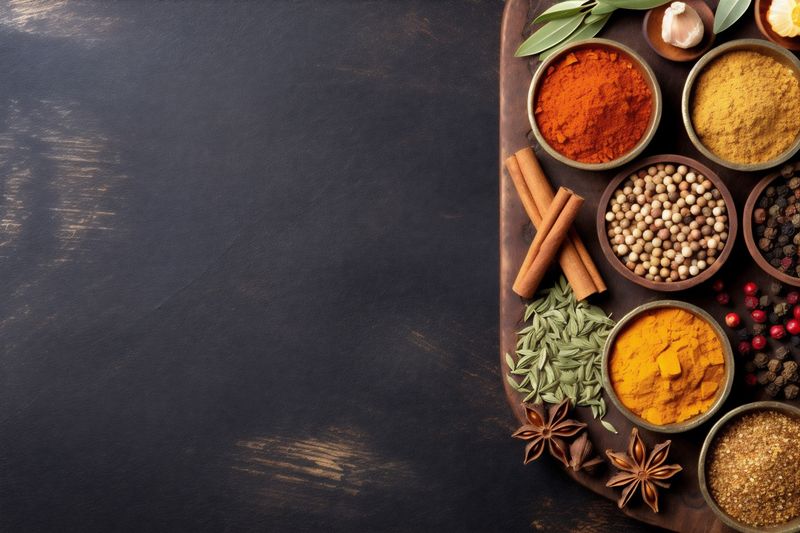 dry table herb ingredient indian spice seasoning background cooking powder food. Generative AI.