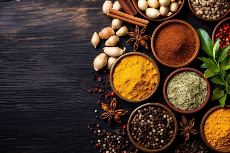 background seasoning cooking food ingredient space dry powder indian spice herb copy. Generative AI.