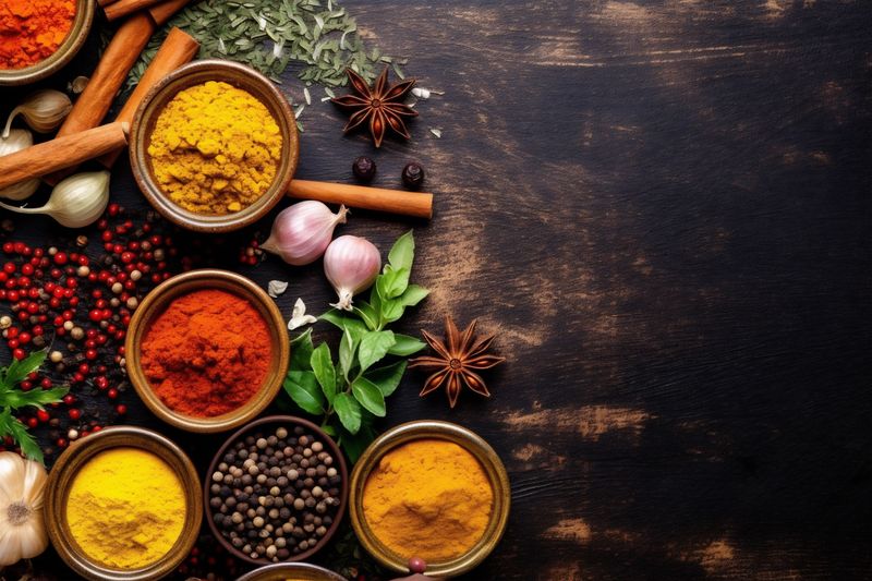 herb background dry powder spice indian seasoning spoon cooking ingredient food. Generative AI.