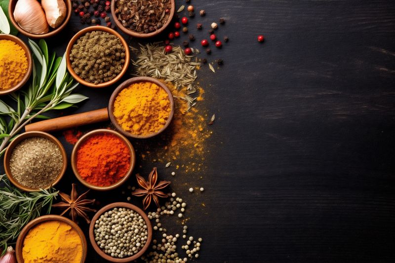 indian powder cooking ingredient herb pepper background seasoning dry food spice. Generative AI.