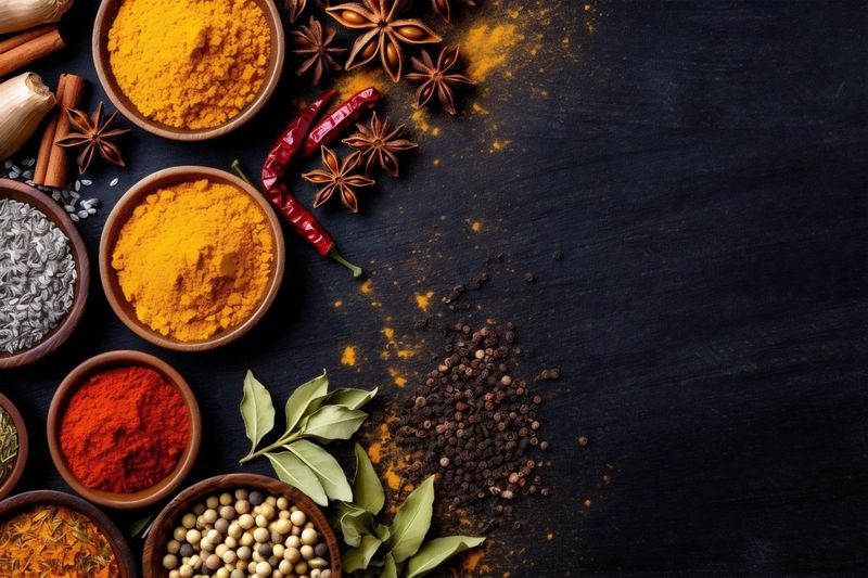 indian natural dry background ingredient seasoning herb spice cooking food powder. Generative AI.