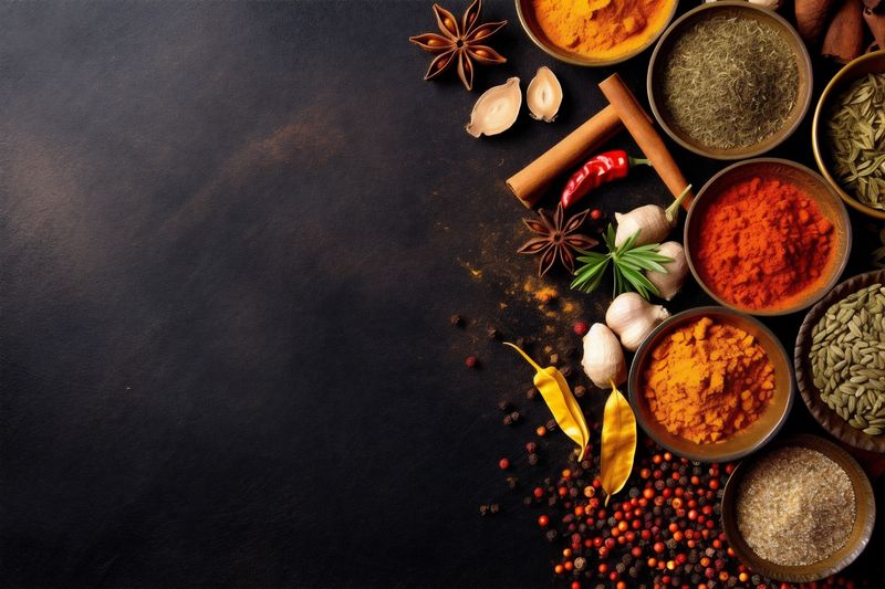 background ingredient dry herb food powder indian cooking spice seasoning space. Generative AI.