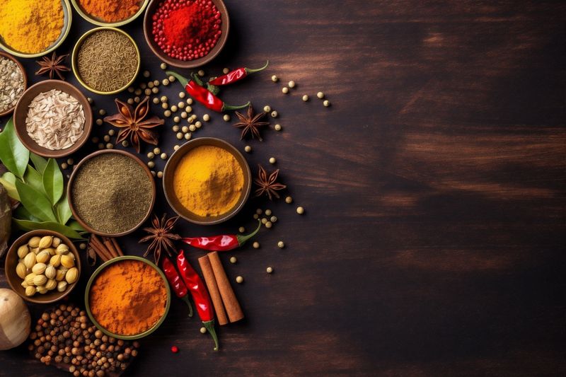 indian food spice dry cooking powder background herb ingredient seasoning wooden. Generative AI.