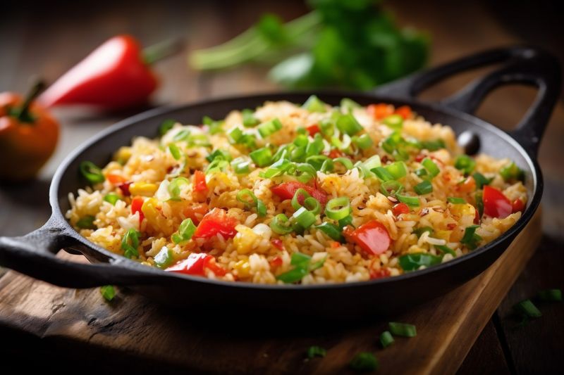 asian fried eat chinese vegetable food rice healthy meal rice dinner. Generative AI.